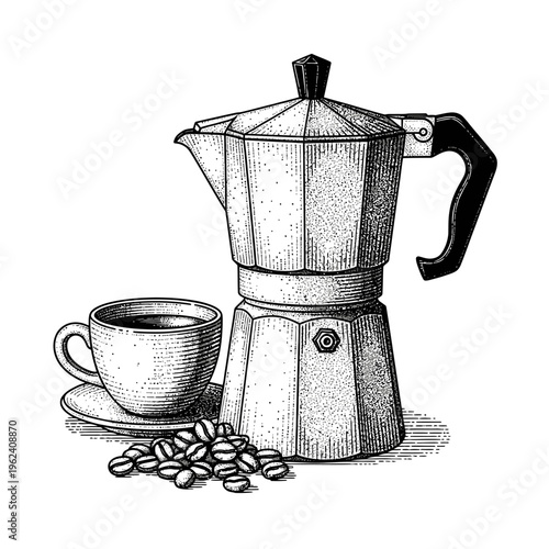 Espresso Coffee Maker with Cup and Beans - Vintage Illustration