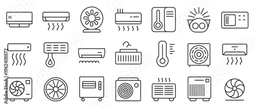 Outline icons for air conditioners, fans, thermometers, and climate control equipment.