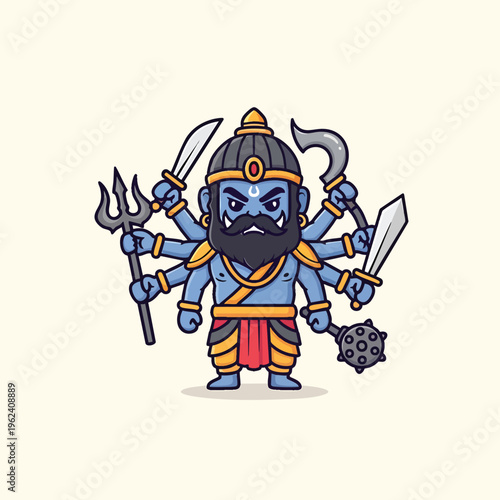 A cartoon depiction of a multi-armed deity, blue-skinned with a stern expression, holding various weapons, and adorned with traditional garb