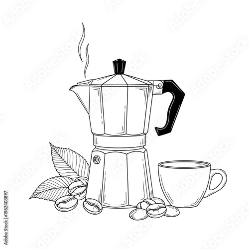 Espresso Maker and Coffee Beans: Vintage Italian Moka Pot, Cup, and Leaves