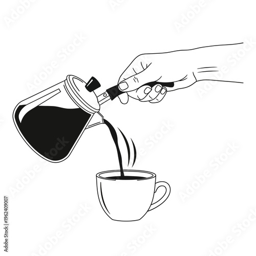 Hand pouring hot coffee from a moka pot into a white cup, close-up shot