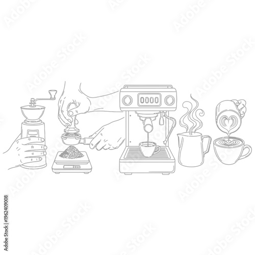 Espresso preparation process: grinding beans, tamping, brewing, latte art