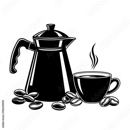 Hot Coffee Cup and Moka Pot with Beans - Black and White Illustration