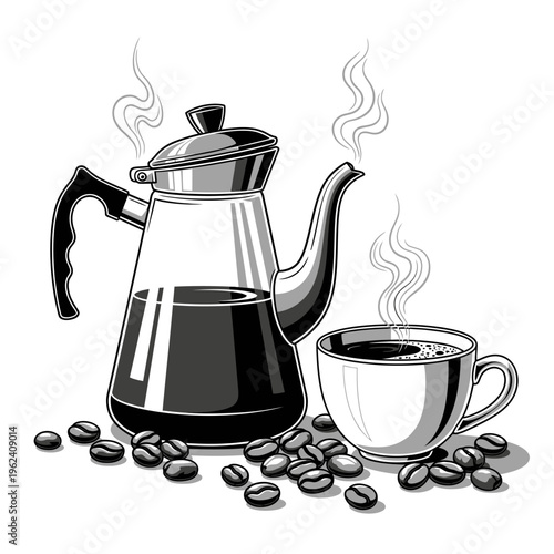 Hot Coffee Pot and Cup with Beans, Steaming, Black and White