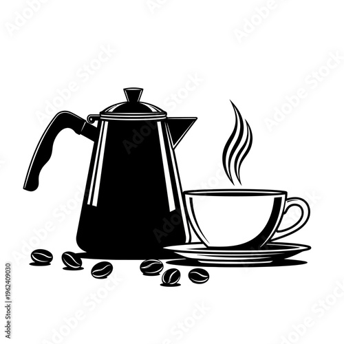 Hot Coffee Pot with Steaming Cup and Beans, Black and White Vector Illustration