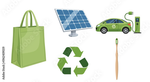 Eco friendly items including reusable bag, solar panel, electric car, recycling symbol, toothbrush.