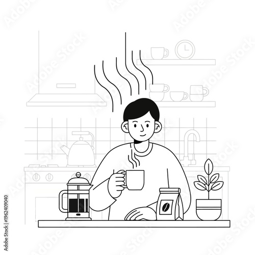 Man enjoying hot coffee in kitchen, French press, coffee beans, morning routine