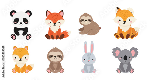 Cute cartoon animals sit isolated on white background for kids
