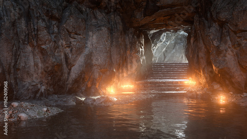 Fényképezés Stone steps leading down to a dark underground cave flooded with water and lit by candles