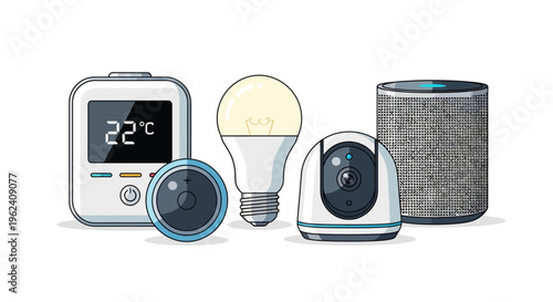 Smart home devices on a table indoors including a thermostat and security camera.