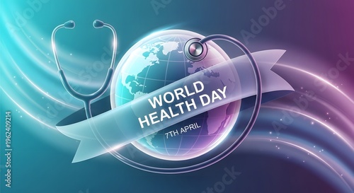 A glowing earth globe is encircled by a stethoscope and ribbon celebrating world health day on april 7th high quality professional detailed