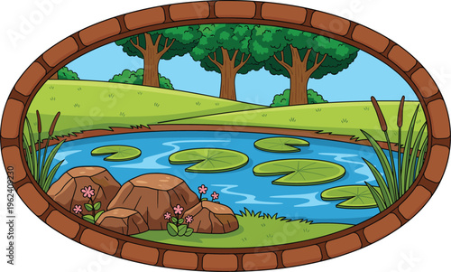 Peaceful Pond Landscape with Lily Pads, Rocks, Trees, and Water Plants in Oval Frame Cartoon Nature Vector Illustration