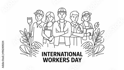 International Workers Day Unity Line Illustration Set – Diverse Team with Plants and Typography