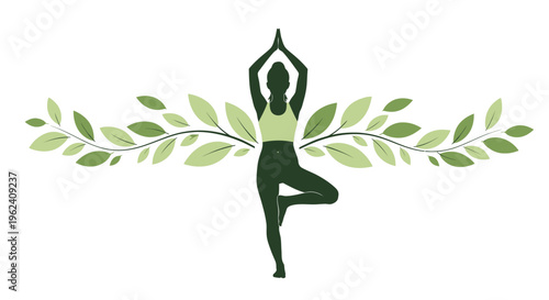 Woman practices yoga outdoors in nature with trees and leaves surrounding her peacefully.