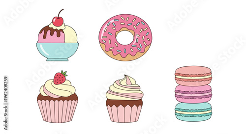 A colorful illustration of assorted sweet treats including ice cream cupcakes and macarons on display.