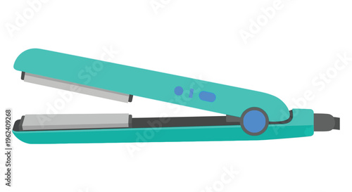 Teal hair straightener in modern sleek design with bright blue accents in studio lighting for beauty product showcase