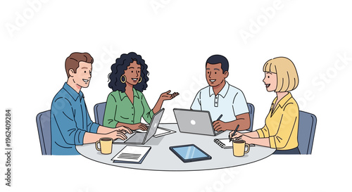 Four diverse colleagues discuss work sitting around table with laptops and devices in office setting.
