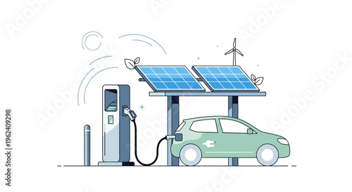 Electric car charges at solar powered station with wind turbine in background