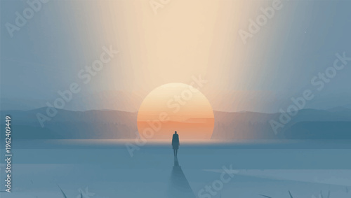 Illustration Of A Misty Landscape Against A Warm Golden Hour Sky, A Small Silhouette Of A Person Walking Towards The Light Vector Design Template