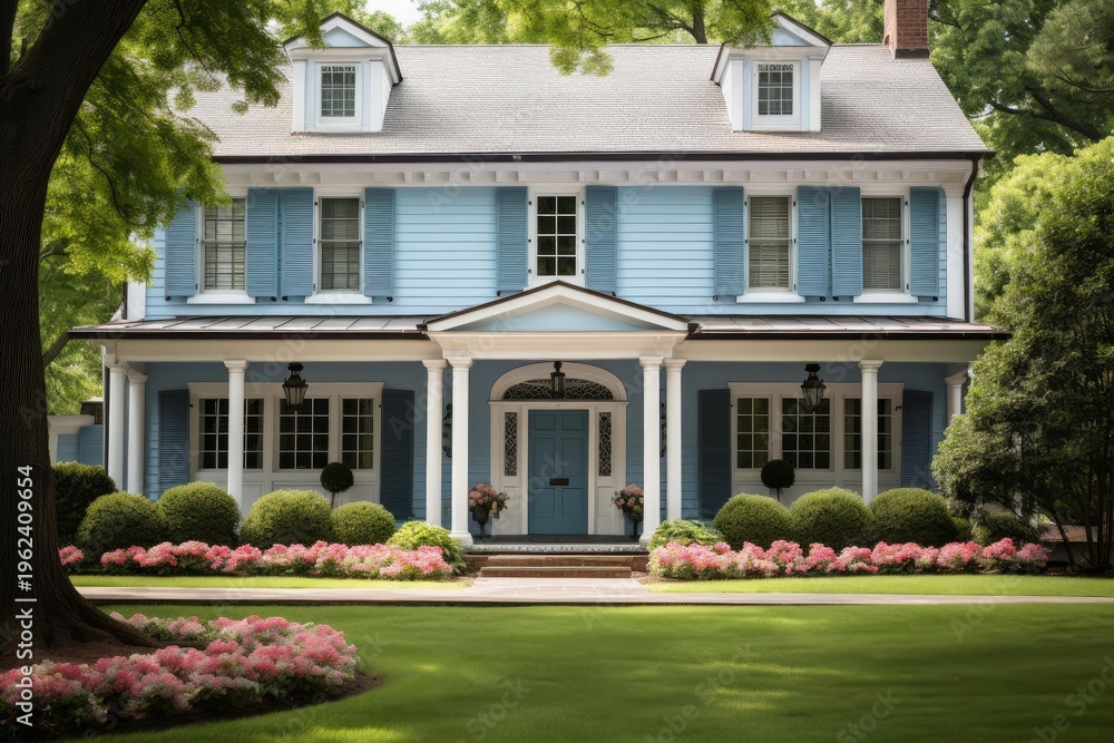 Fototapeta premium Elegant residential home featuring a porch, dormer windows, and vibrant front yard landscaping