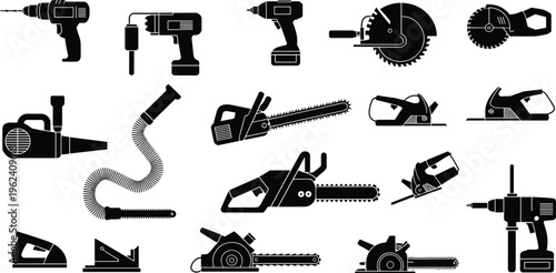 Black and white line collection of various tools and including and devices line tools hammer wrench