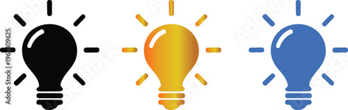 Set of Light Bulb Icons in Black, Gold Gradient, and Blue - Concept for Ideas, Creativity, and Innovation