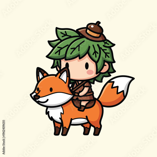 A cute cartoon figure with a leafy hair adornment rides on the back of a fox. This charming graphic displays simple, yet detailed lines
