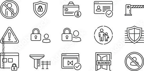 Security and access control line icon set featuring parental locks blocked content user identification and privacy protection symbols.
