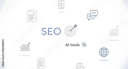 A clean minimalist illustration depicts seo concepts with icons representing data targets and global reach high quality professional detailed modern elegant stylish