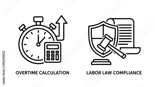Overtime calculation and labor law compliance vector line icons