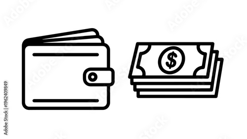 Wallet and stack of money bills financial planning icons