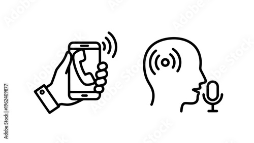 Hand holding phone and voice recognition head outline icons