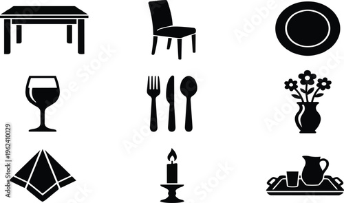 A set of black dining icons on transparent background