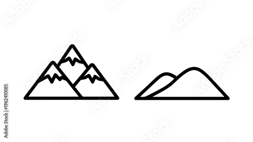 Geometric mountain peaks and rounded hills outline vector icons