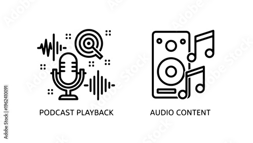 Podcast microphone and speaker outline icons for digital audio