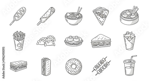 A vintage collection of hand-drawn food and drink icons featuring a seamless vector pattern of bread, pizza, and bakery sketches in a doodle art style for restaurant design