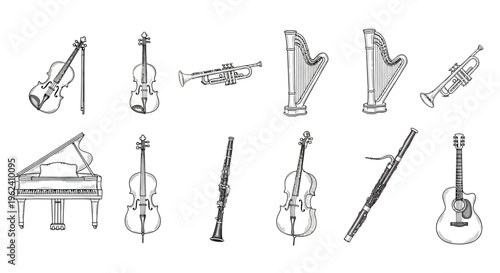 Vintage collection of metal drawing tools and musical instruments featuring a vector illustration set with guitar, violin, and design icons