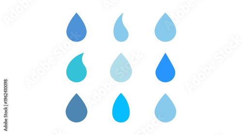 Blue vector set of clean water drops and rain droplets in various liquid shapes for nature design elements
