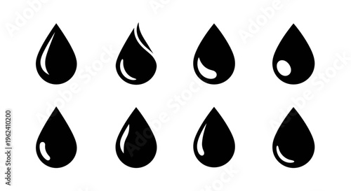 Collection of nine glossy black water drop icons with reflections on a white background, representing liquid or fluid elements