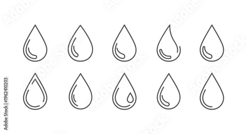 Modern Vector Collection of Ten Outline Water Drop Icons, Symbolizing Purity, Refreshment, and Essential Liquid Elements for Graphic Design Projects