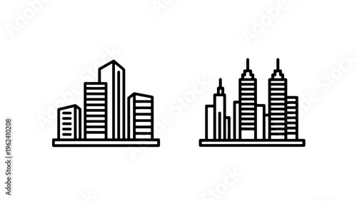 Modern city buildings & urban skyline outline vector icons