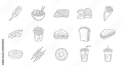 Vintage collection of hand drawn food and drink sketches featuring coffee cup pizza and dessert icons in a doodle vector illustration set