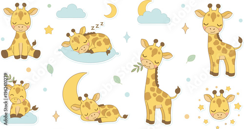 Cute kawaii giraffe sticker set featuring adorable baby animals sleeping on moons and pillows with clouds and stars.