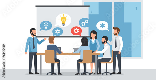 Diverse business team brainstorming meeting in modern office with blue color scheme and flat design for corporate website