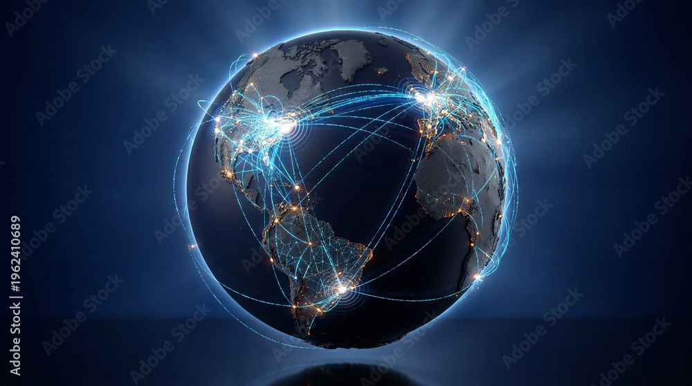 Fototapeta premium A glowing globe with illuminated connections between cities on a dark blue background