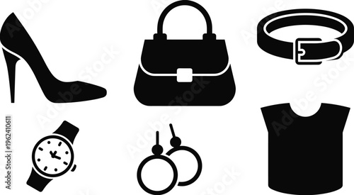 Black silhouette of a person walking a dog a chef hat a shopping bag a bicycle and a coffee cup leash