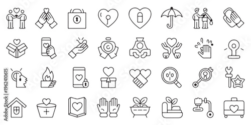 Extensive Set of Outline Icons Depicting Charity, Compassion, and Social Assistance. Vector graphics for philanthropic themes.