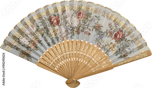 Vintage Floral Hand Fan with Gold Accents and Intricate Flower Design, Decorative Accessory Vector Illustration
