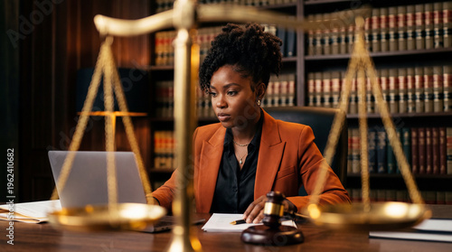 A focused African American female lawyer working on a laptop in a law library with scales of justice