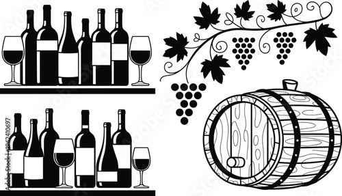 Black silhouette of musical instruments and vinyl record with abstract saxophone trumpet trombone